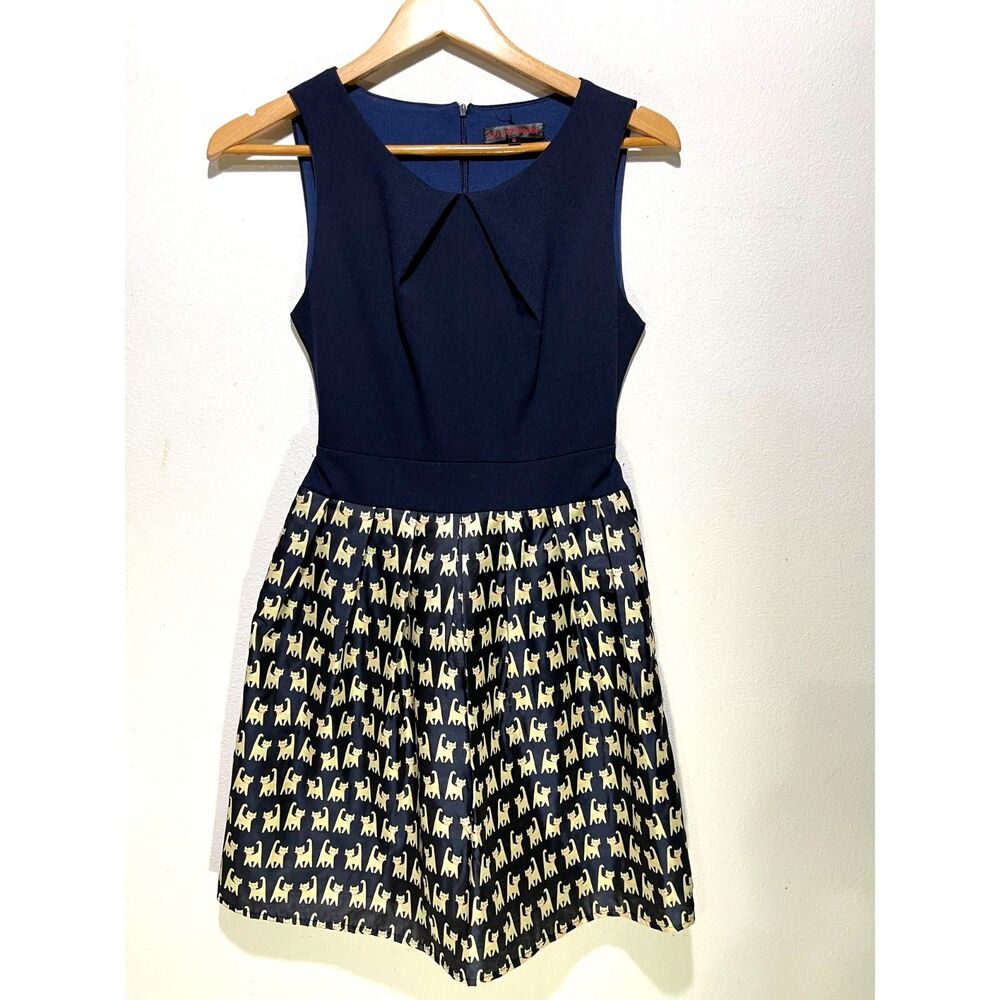 SM Wardrobe dress novelty print cat lovers tie back festive casual women S